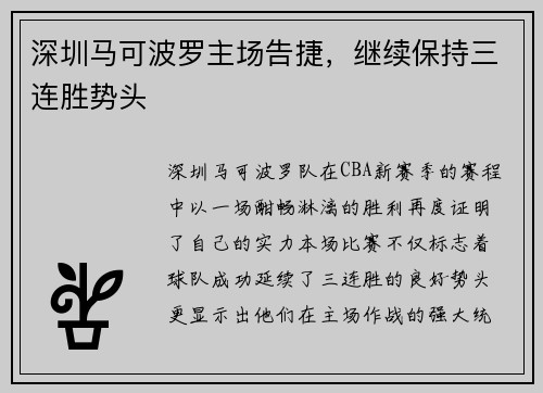 深圳马可波罗主场告捷，继续保持三连胜势头