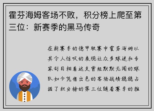 霍芬海姆客场不败，积分榜上爬至第三位：新赛季的黑马传奇